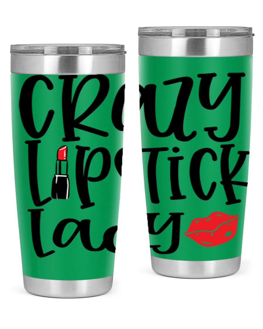 Crazy Lipstick Lady Style 240# Tumbler in vibrant colors, showcasing its double wall vacuum design and drink-thru lid.