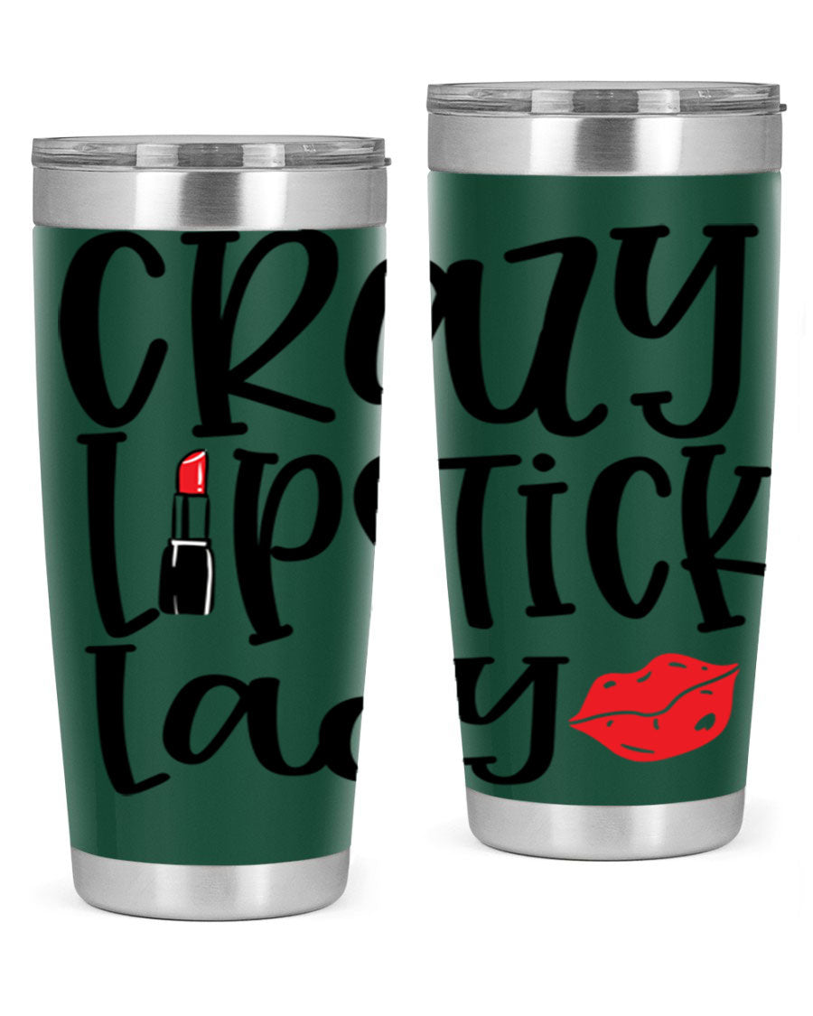 Crazy Lipstick Lady Style 240# Tumbler in vibrant colors, showcasing its double wall vacuum design and drink-thru lid.