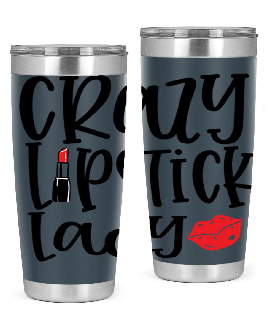 Crazy Lipstick Lady Style 240# Tumbler in vibrant colors, showcasing its double wall vacuum design and drink-thru lid.