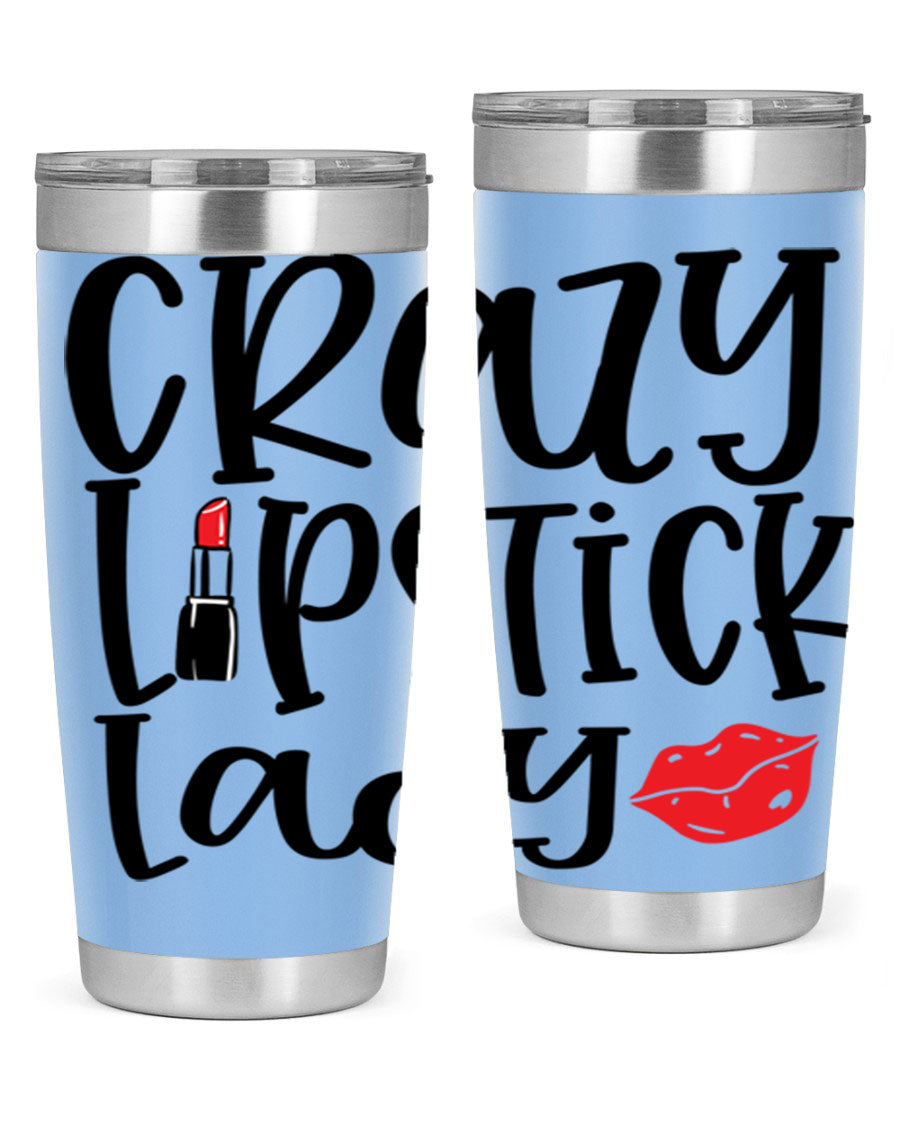 Crazy Lipstick Lady Style 240# Tumbler in vibrant colors, showcasing its double wall vacuum design and drink-thru lid.