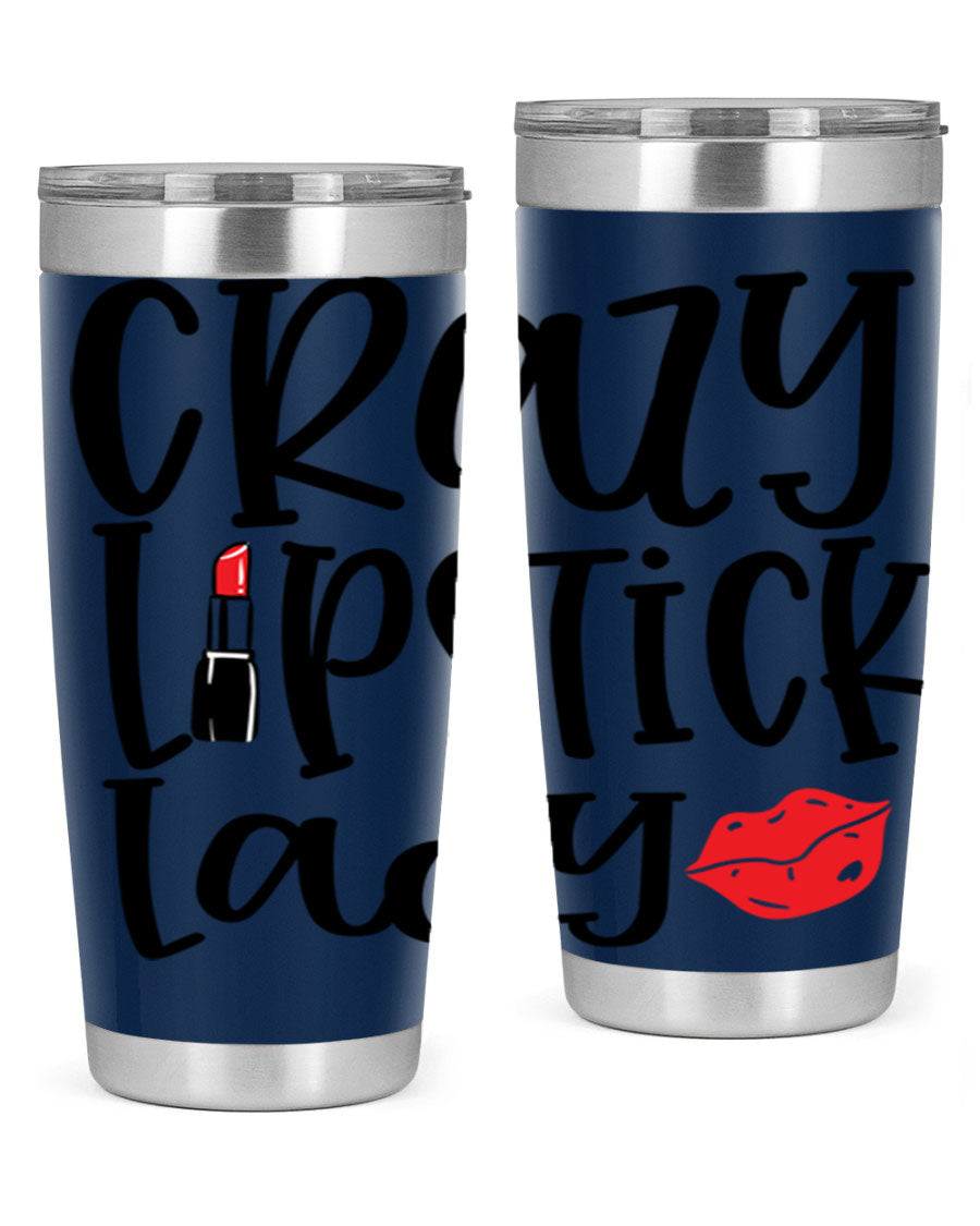 Crazy Lipstick Lady Style 240# Tumbler in vibrant colors, showcasing its double wall vacuum design and drink-thru lid.