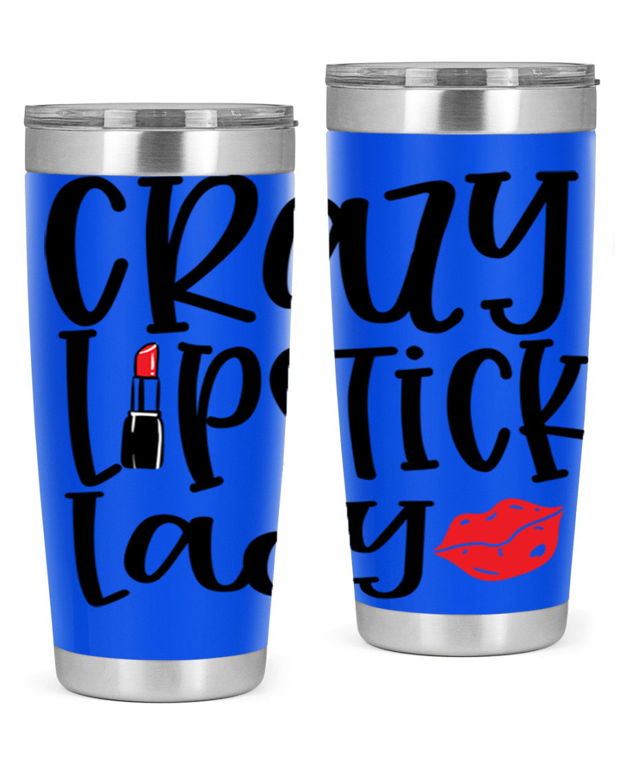 Crazy Lipstick Lady Style 240# Tumbler in vibrant colors, showcasing its double wall vacuum design and drink-thru lid.