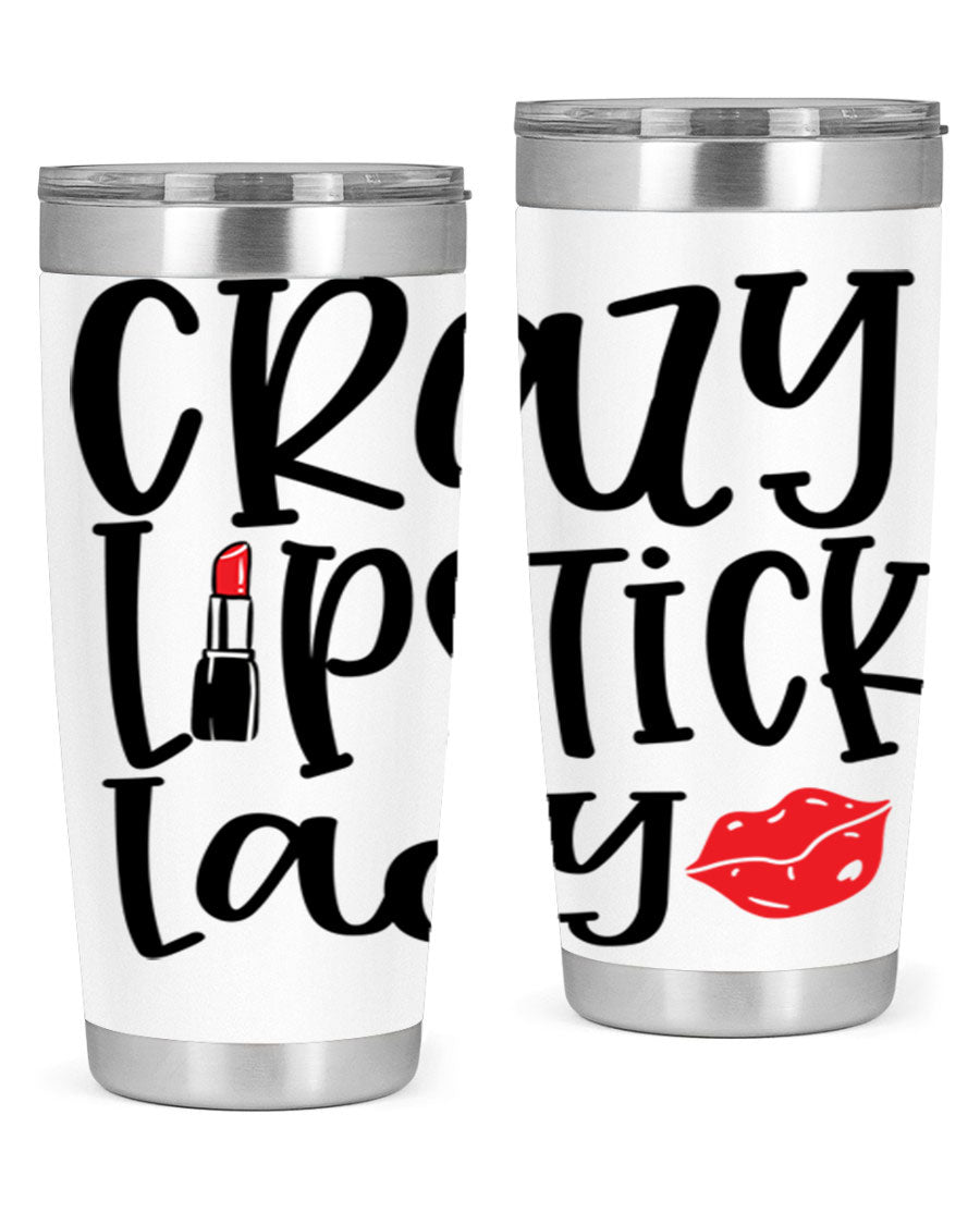 Crazy Lipstick Lady Style 240# Tumbler in vibrant colors, showcasing its double wall vacuum design and drink-thru lid.