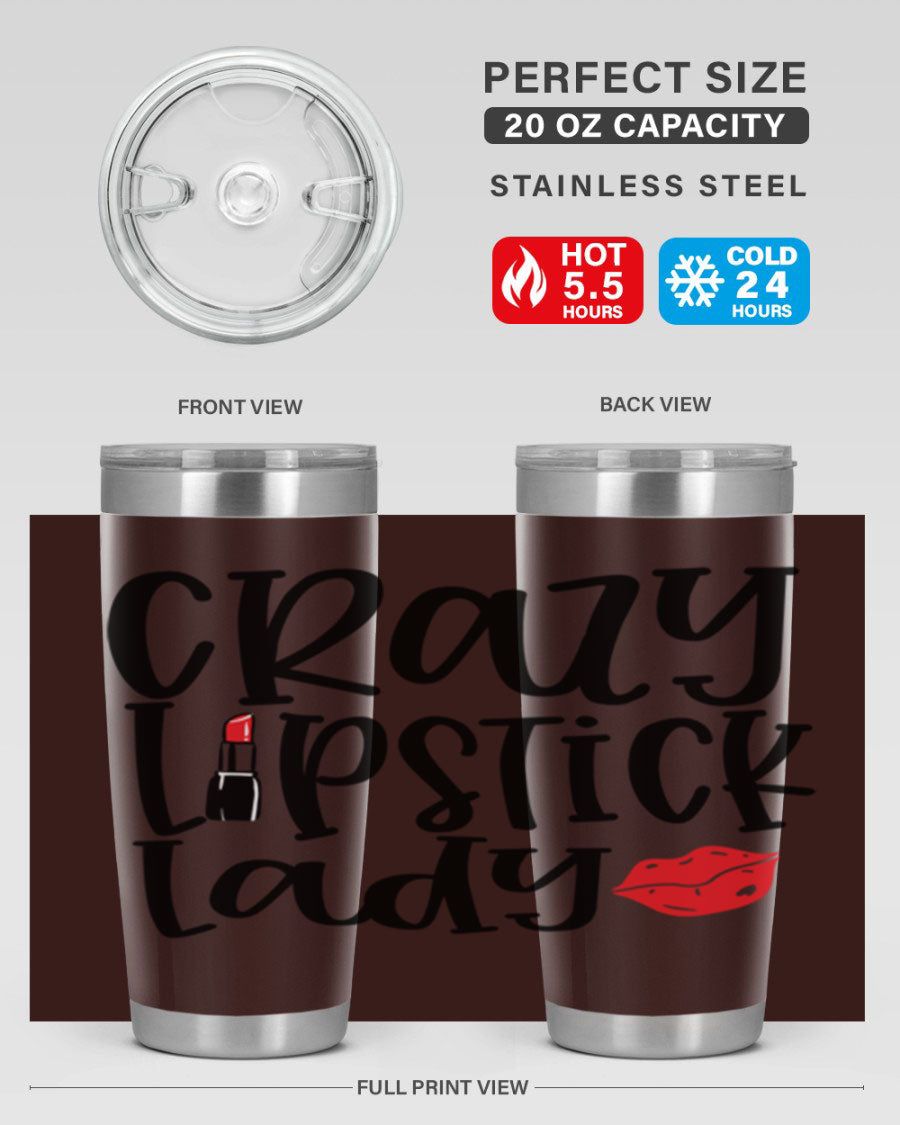 Crazy Lipstick Lady Style 240# Tumbler in vibrant colors, showcasing its double wall vacuum design and drink-thru lid.