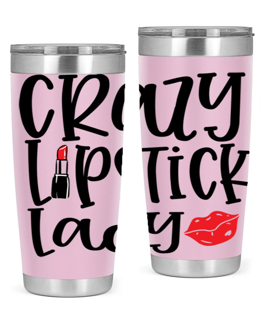 Crazy Lipstick Lady Style 240# Tumbler in vibrant colors, showcasing its double wall vacuum design and drink-thru lid.