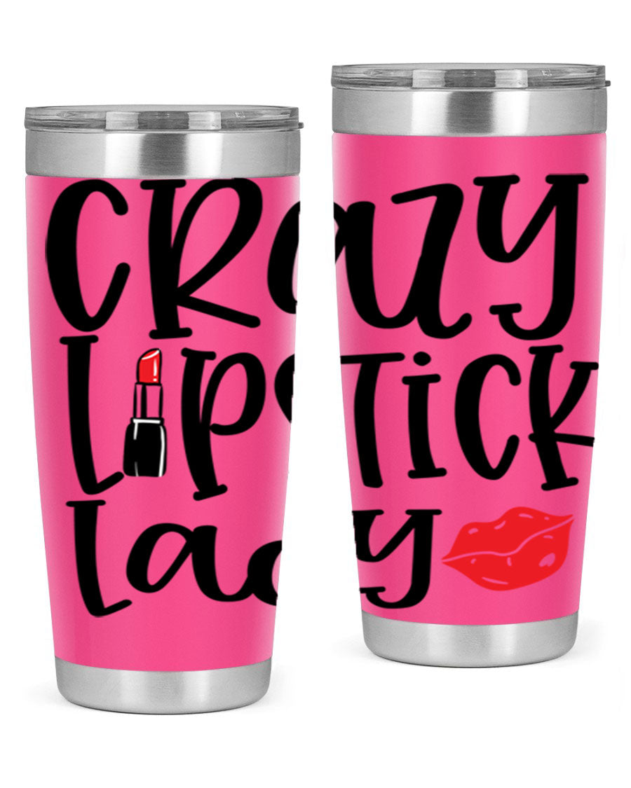 Crazy Lipstick Lady Style 240# Tumbler in vibrant colors, showcasing its double wall vacuum design and drink-thru lid.
