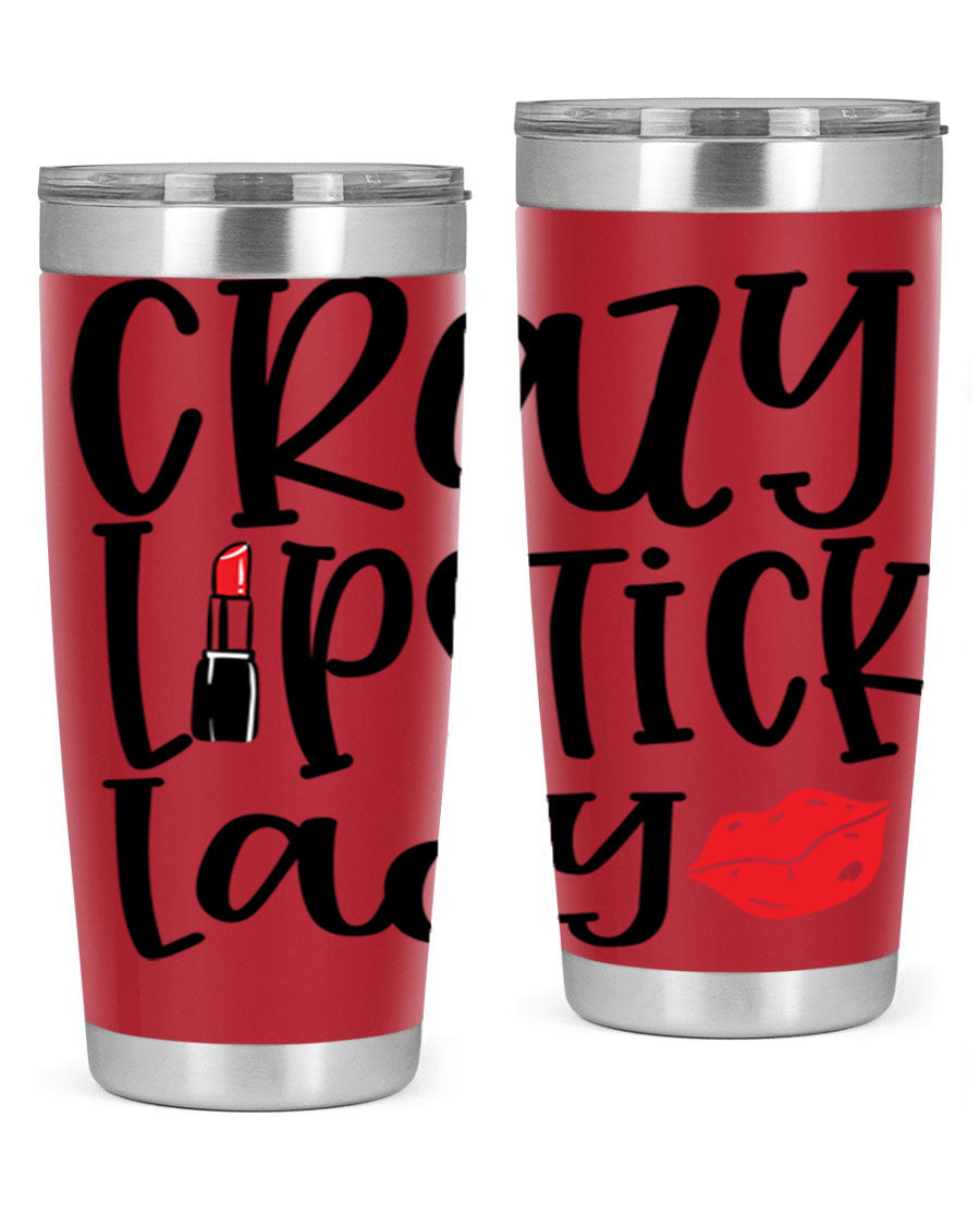 Crazy Lipstick Lady Style 240# Tumbler in vibrant colors, showcasing its double wall vacuum design and drink-thru lid.