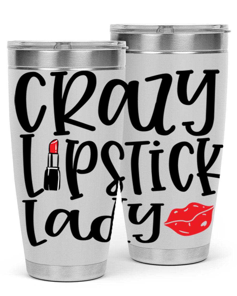 Crazy Lipstick Lady Style 240# Tumbler in vibrant colors, showcasing its double wall vacuum design and drink-thru lid.