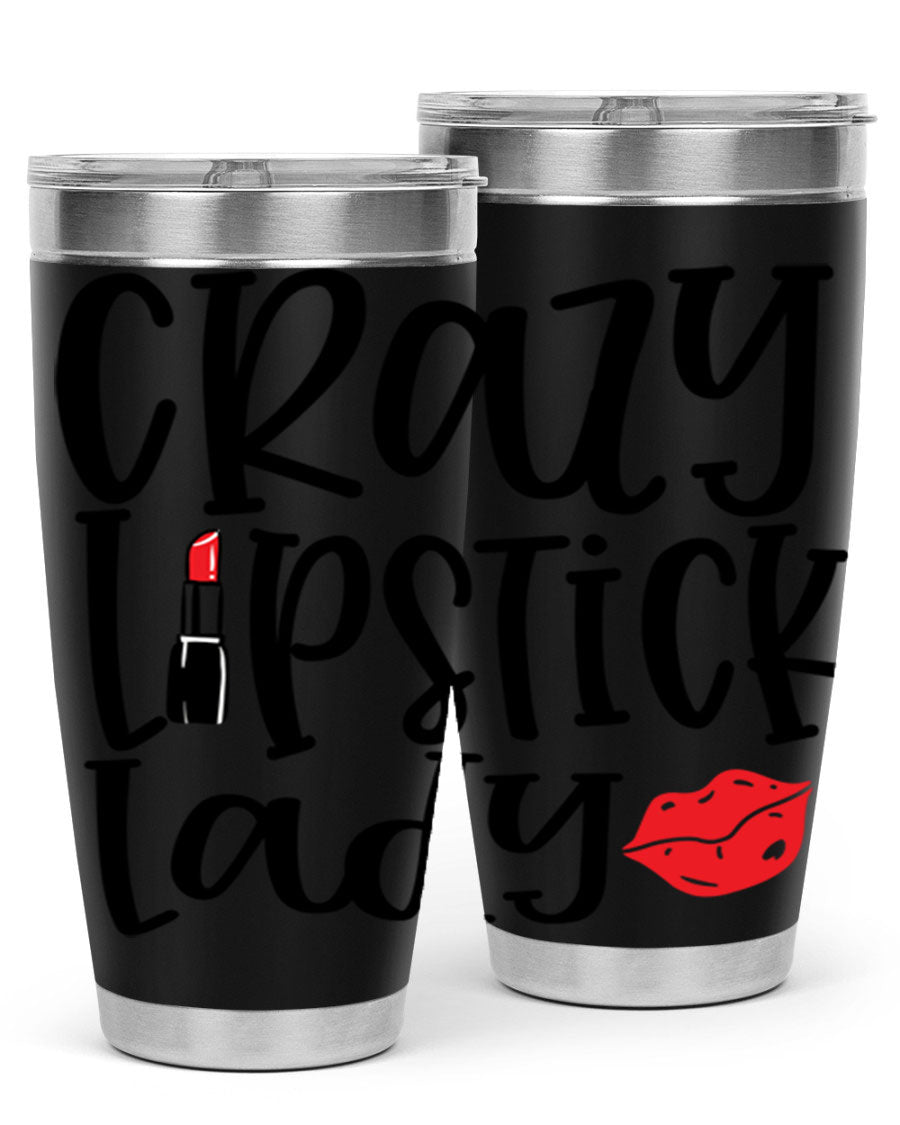 Crazy Lipstick Lady Style 240# Tumbler in vibrant colors, showcasing its double wall vacuum design and drink-thru lid.