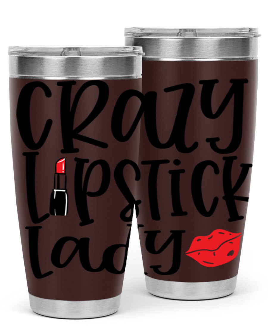 Crazy Lipstick Lady Style 240# Tumbler in vibrant colors, showcasing its double wall vacuum design and drink-thru lid.