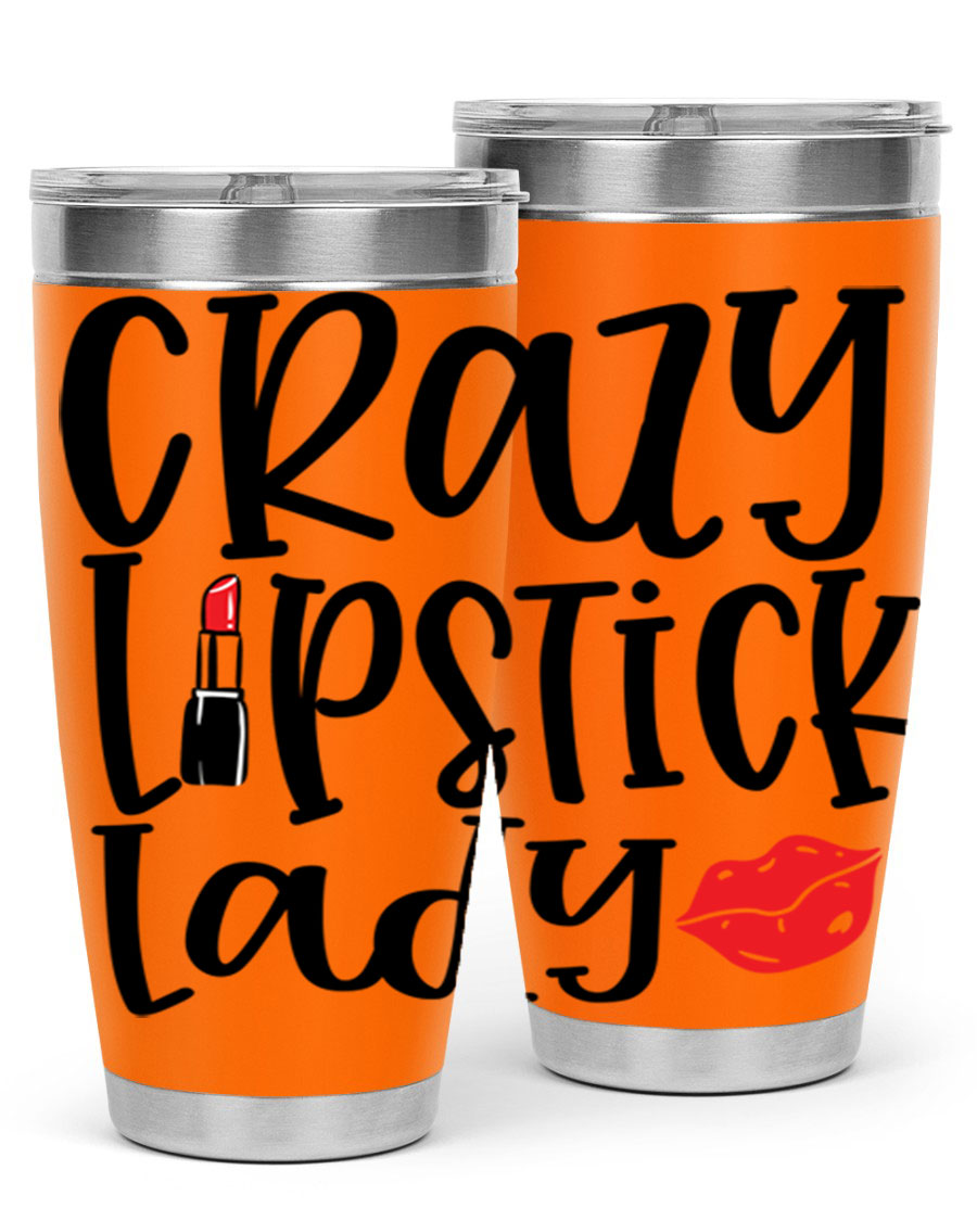 Crazy Lipstick Lady Style 240# Tumbler in vibrant colors, showcasing its double wall vacuum design and drink-thru lid.
