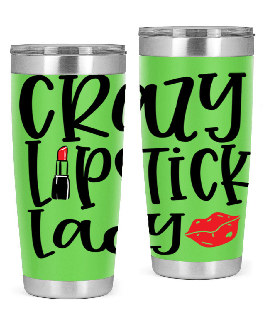 Crazy Lipstick Lady Style 240# Tumbler in vibrant colors, showcasing its double wall vacuum design and drink-thru lid.