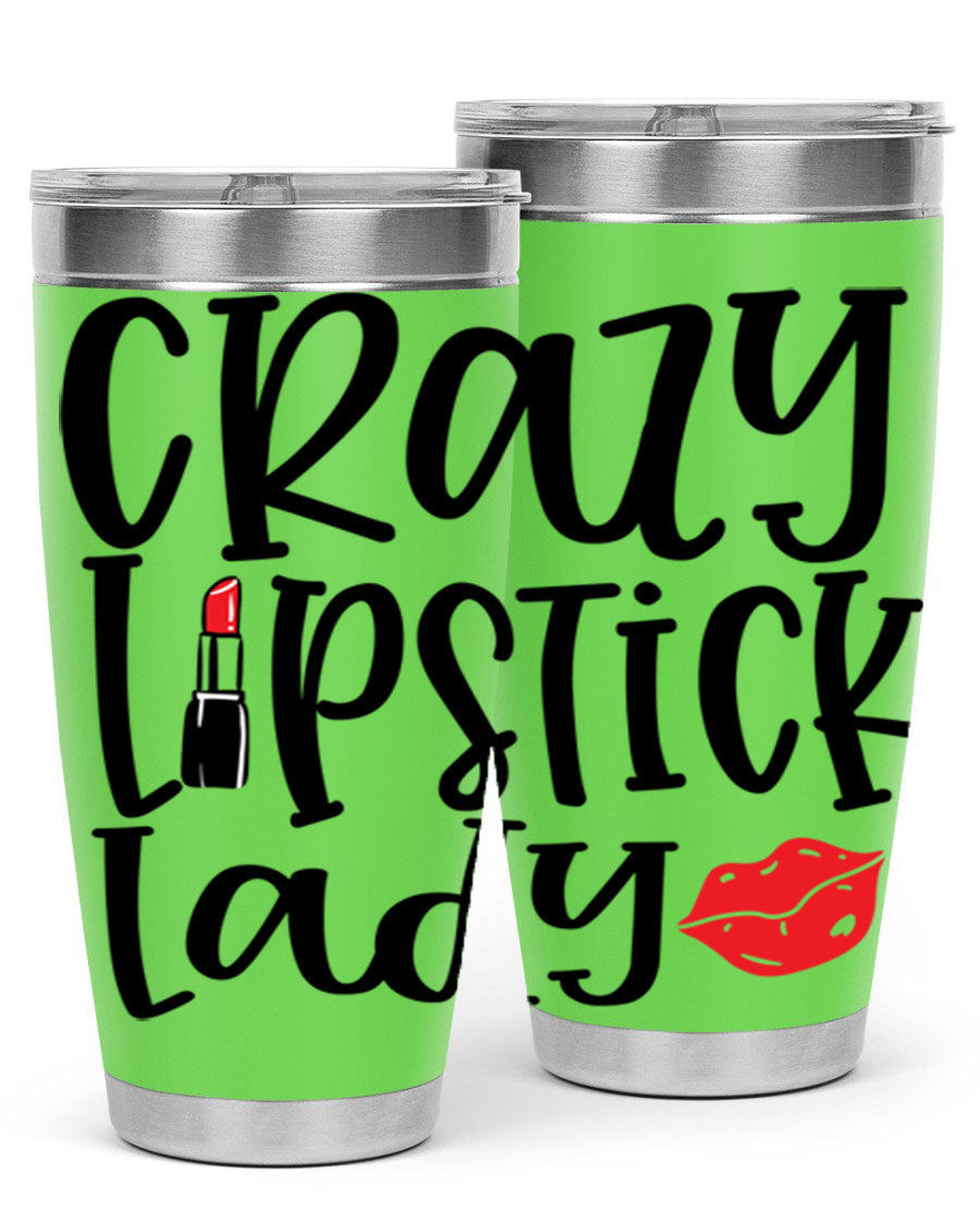 Crazy Lipstick Lady Style 240# Tumbler in vibrant colors, showcasing its double wall vacuum design and drink-thru lid.