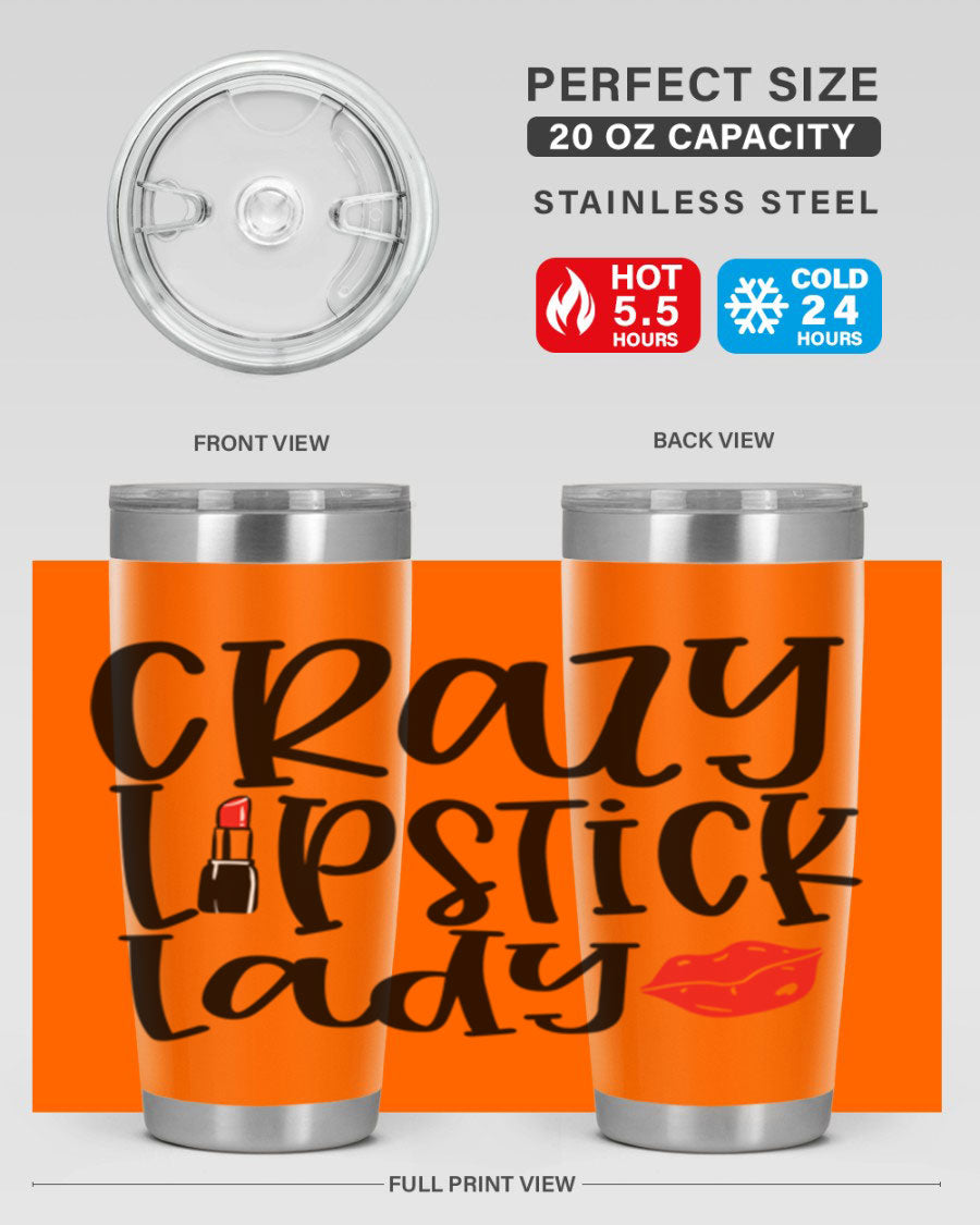 Crazy Lipstick Lady Style 240# Tumbler in vibrant colors, showcasing its double wall vacuum design and drink-thru lid.