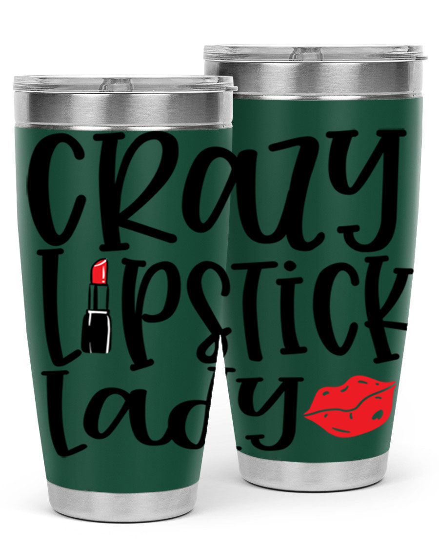 Crazy Lipstick Lady Style 240# Tumbler in vibrant colors, showcasing its double wall vacuum design and drink-thru lid.