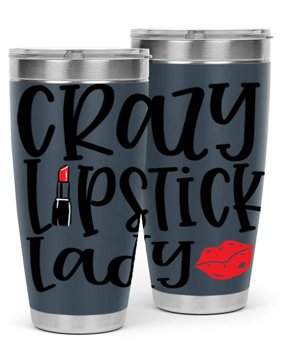 Crazy Lipstick Lady Style 240# Tumbler in vibrant colors, showcasing its double wall vacuum design and drink-thru lid.