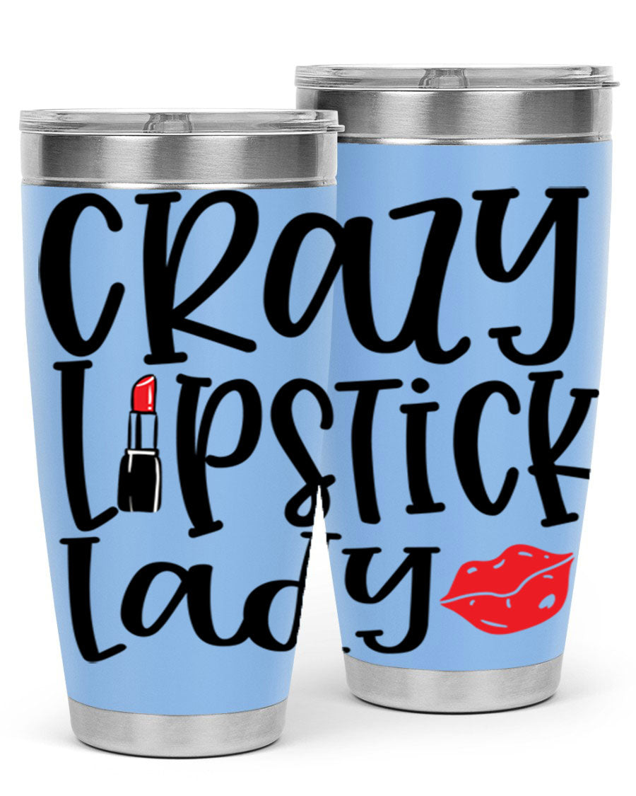Crazy Lipstick Lady Style 240# Tumbler in vibrant colors, showcasing its double wall vacuum design and drink-thru lid.