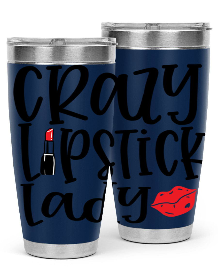 Crazy Lipstick Lady Style 240# Tumbler in vibrant colors, showcasing its double wall vacuum design and drink-thru lid.