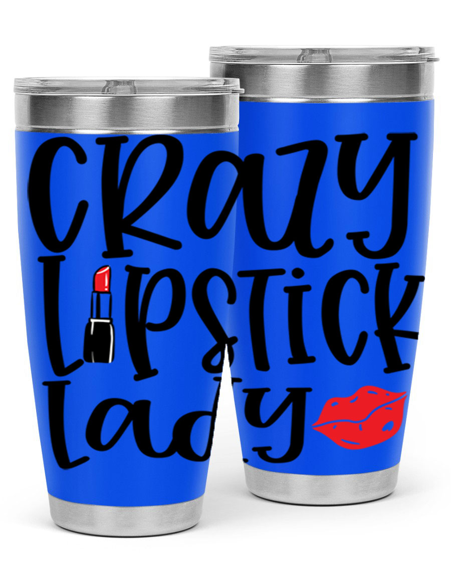 Crazy Lipstick Lady Style 240# Tumbler in vibrant colors, showcasing its double wall vacuum design and drink-thru lid.