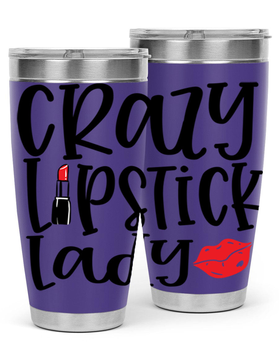 Crazy Lipstick Lady Style 240# Tumbler in vibrant colors, showcasing its double wall vacuum design and drink-thru lid.