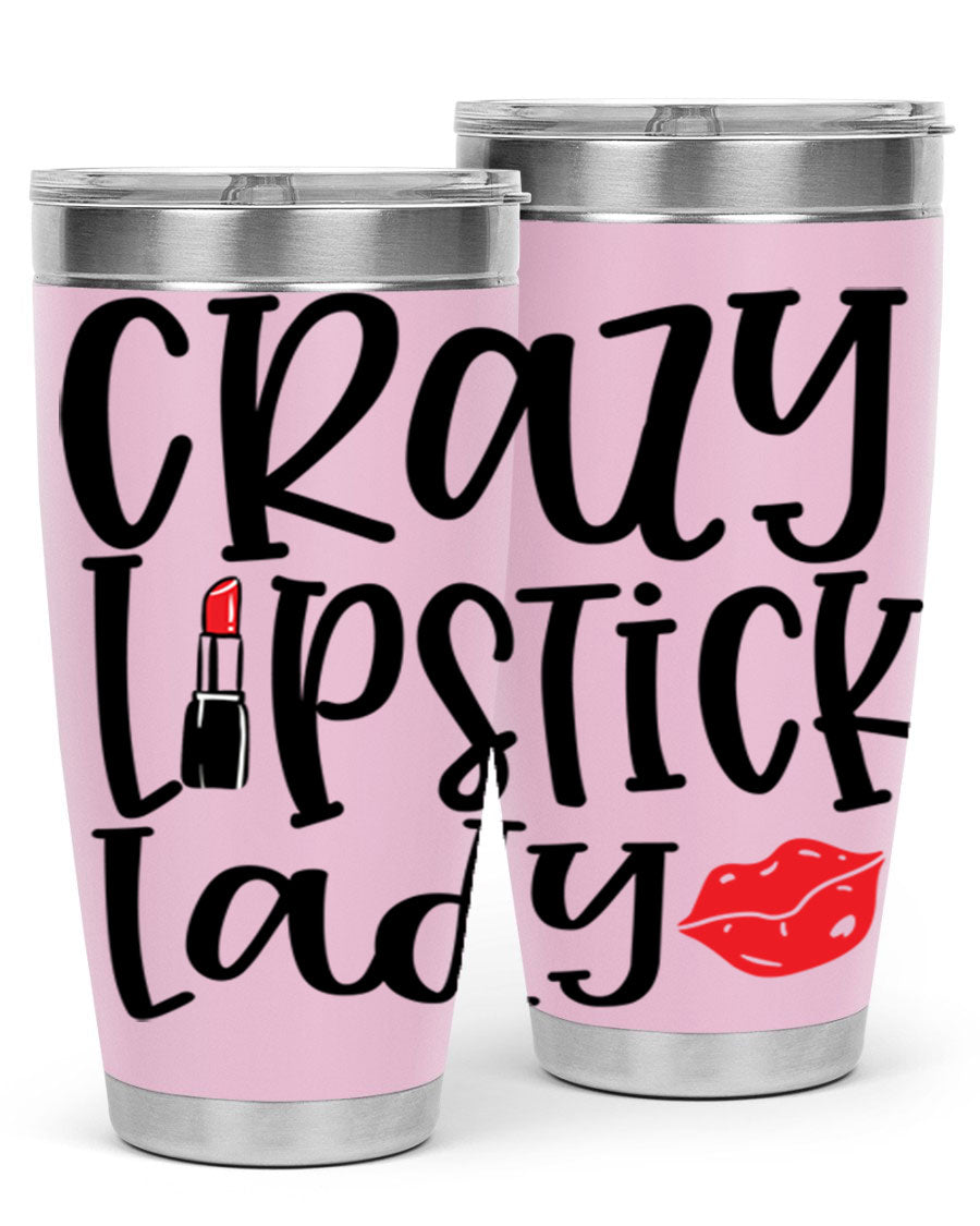 Crazy Lipstick Lady Style 240# Tumbler in vibrant colors, showcasing its double wall vacuum design and drink-thru lid.