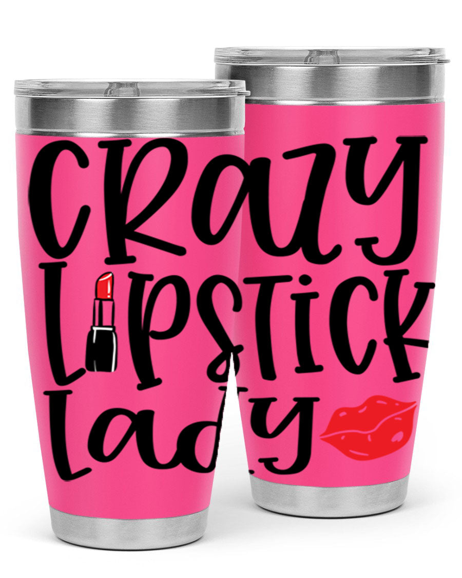 Crazy Lipstick Lady Style 240# Tumbler in vibrant colors, showcasing its double wall vacuum design and drink-thru lid.