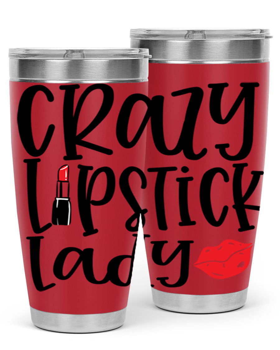 Crazy Lipstick Lady Style 240# Tumbler in vibrant colors, showcasing its double wall vacuum design and drink-thru lid.