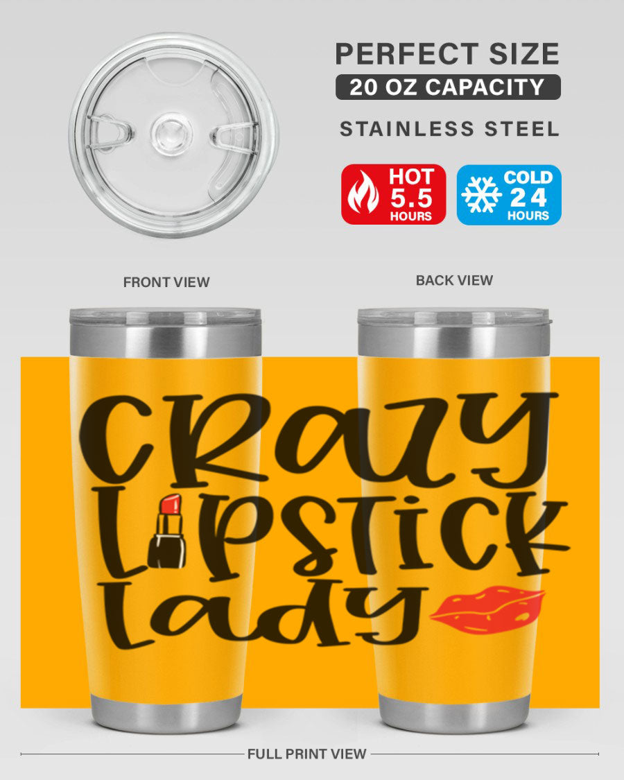 Crazy Lipstick Lady Style 240# Tumbler in vibrant colors, showcasing its double wall vacuum design and drink-thru lid.