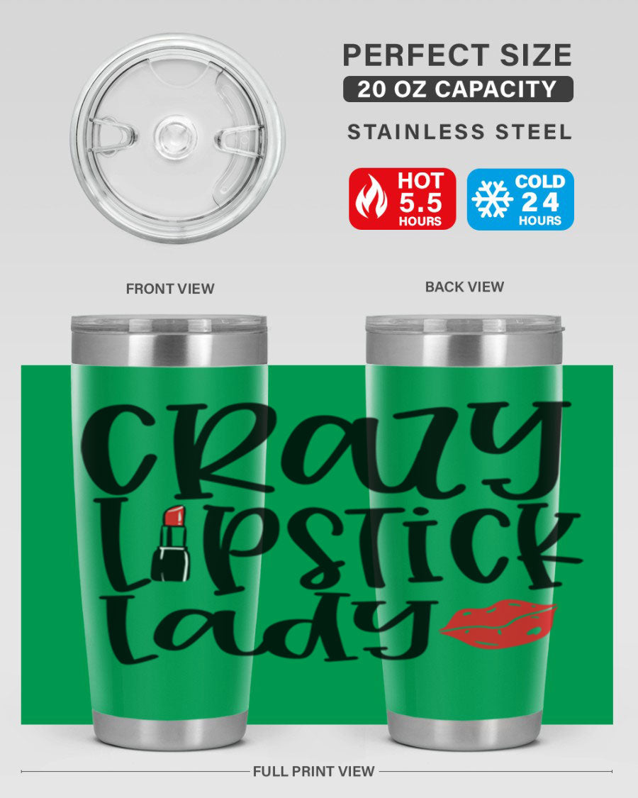 Crazy Lipstick Lady Style 240# Tumbler in vibrant colors, showcasing its double wall vacuum design and drink-thru lid.