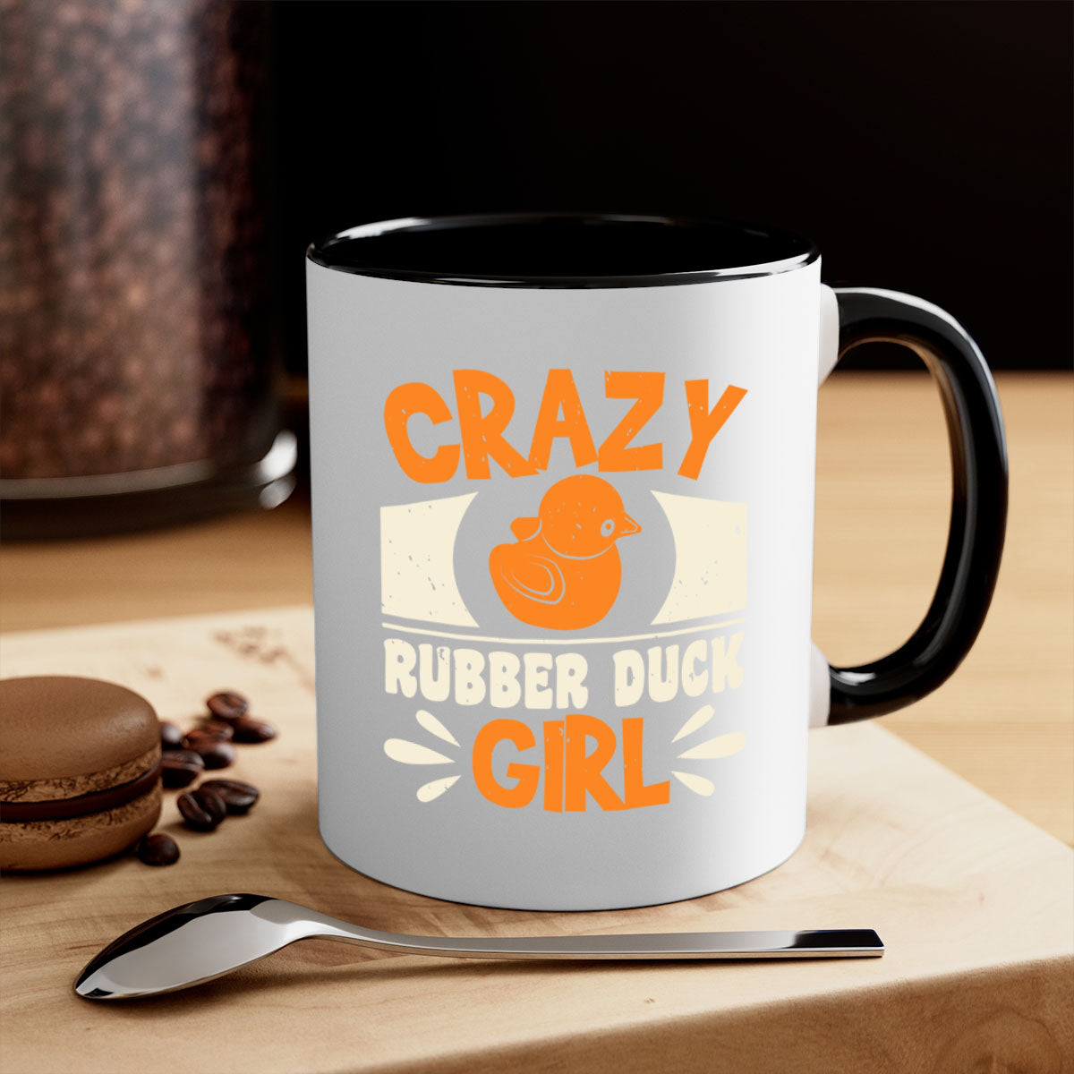 Crazy Rubber Duck Girl Style 4# Mug with colorful handle and glossy finish, available in multiple colors and sizes.