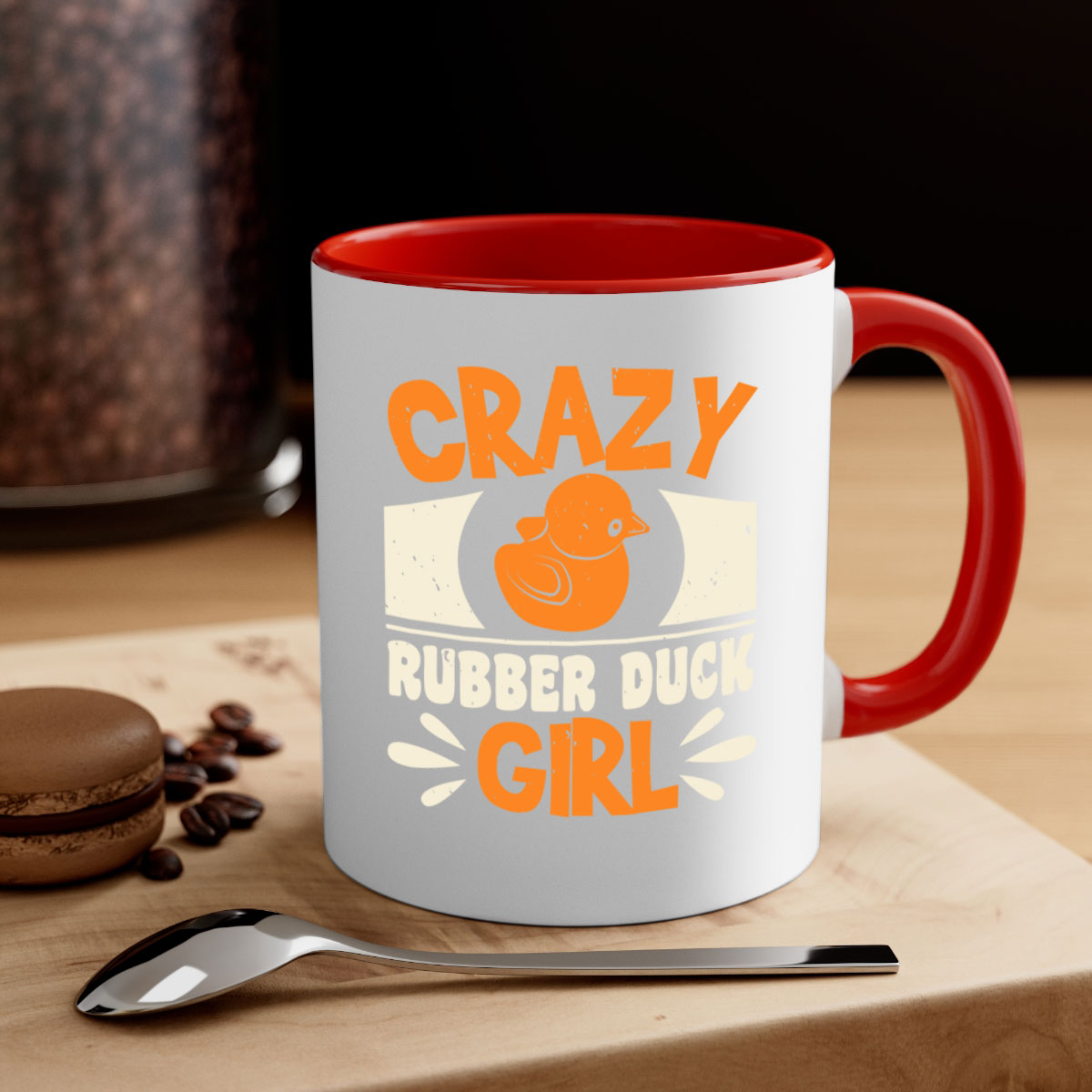 Crazy Rubber Duck Girl Style 4# Mug with colorful handle and glossy finish, available in multiple colors and sizes.