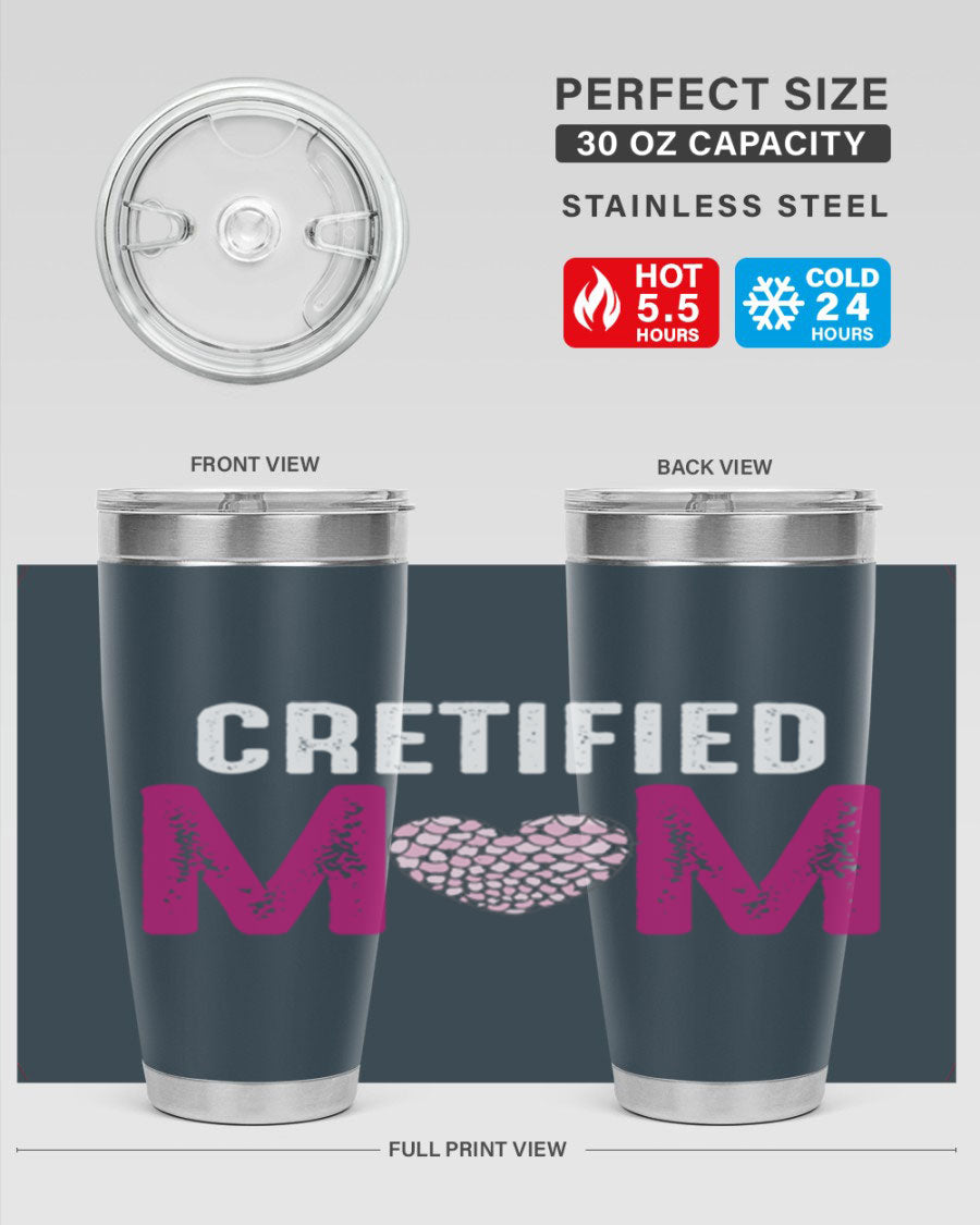 Certified Mom 191# Tumbler in stainless steel with a drink-thru lid, designed for hot and cold beverages.