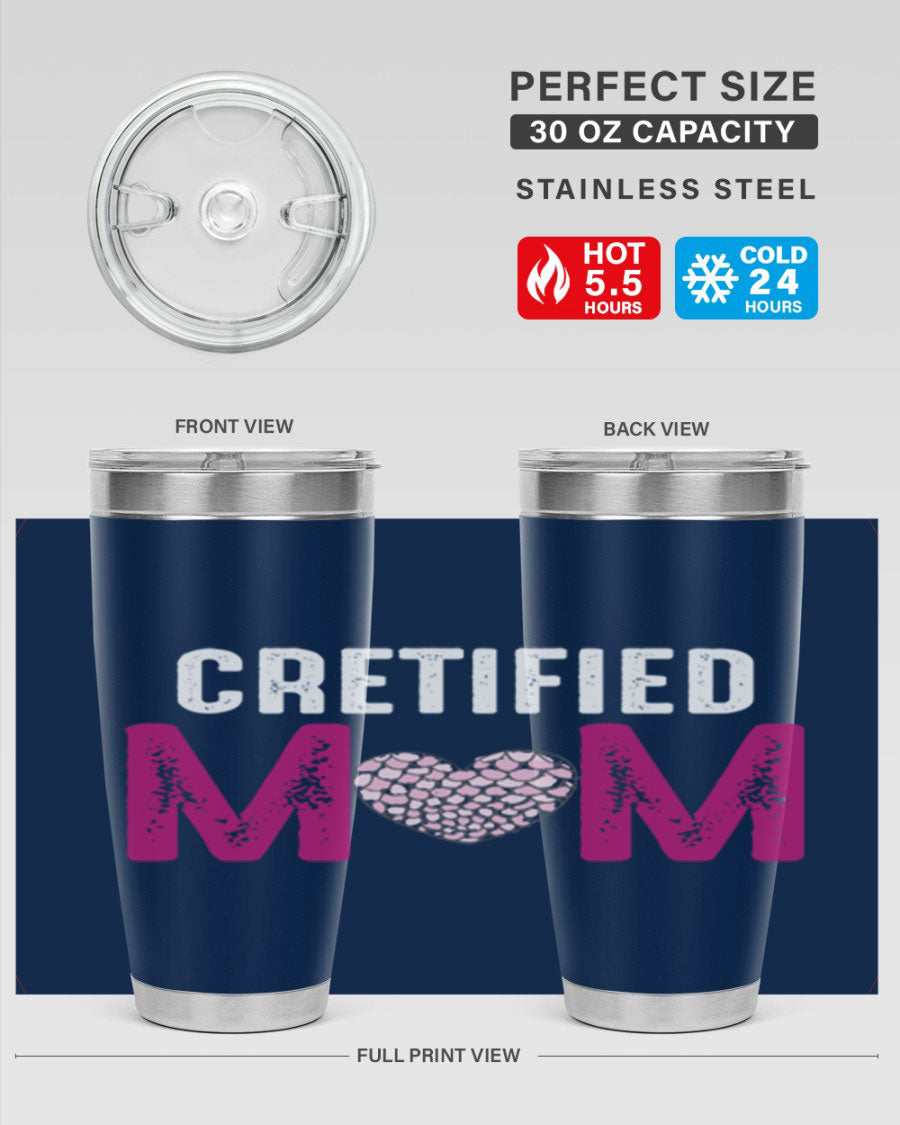 Certified Mom 191# Tumbler in stainless steel with a drink-thru lid, designed for hot and cold beverages.