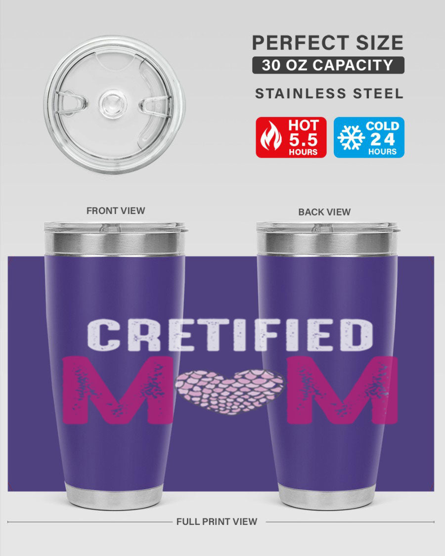 Certified Mom 191# Tumbler in stainless steel with a drink-thru lid, designed for hot and cold beverages.