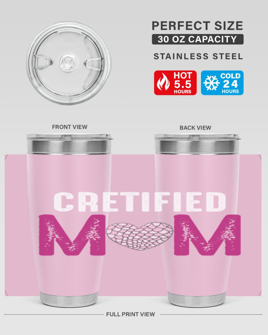 Certified Mom 191# Tumbler in stainless steel with a drink-thru lid, designed for hot and cold beverages.