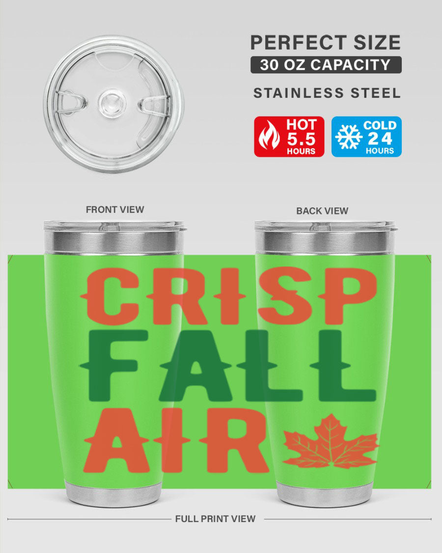 Crisp Fall Air 62# Tumbler in stainless steel with vibrant fall-themed design, showcasing its double wall vacuum insulation and drink-thru lid.