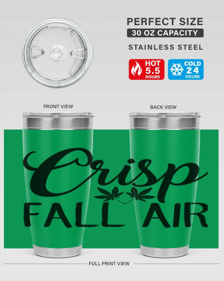 Crisp Fall Air 63# 20oz tumbler featuring double wall vacuum stainless steel and a vibrant fall-themed design.