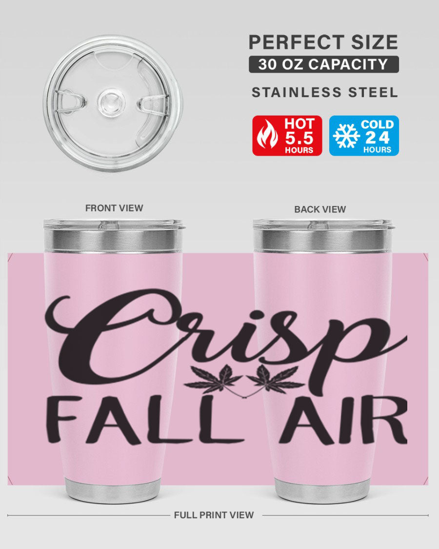 Crisp Fall Air 63# 20oz tumbler featuring double wall vacuum stainless steel and a vibrant fall-themed design.