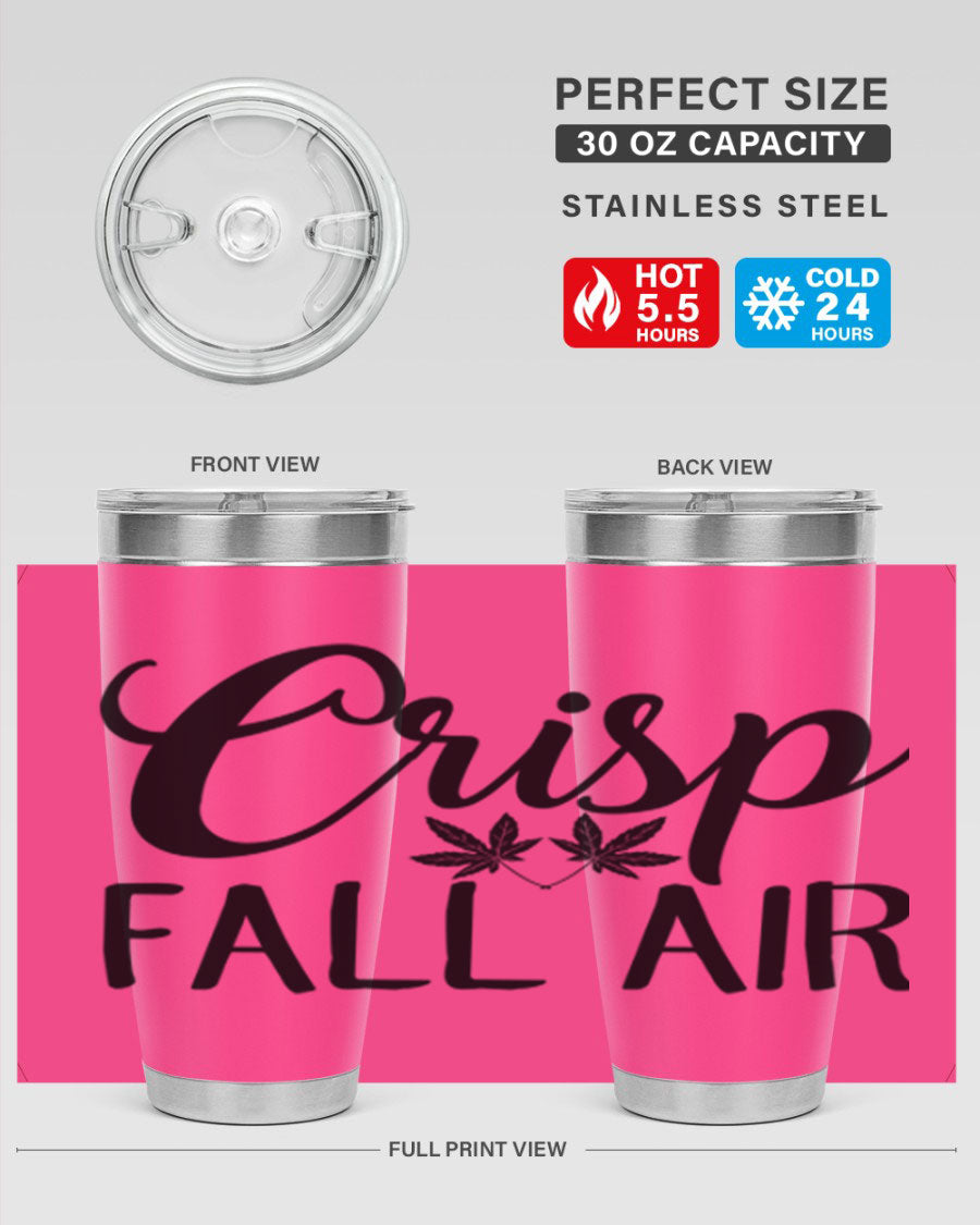 Crisp Fall Air 63# 20oz tumbler featuring double wall vacuum stainless steel and a vibrant fall-themed design.