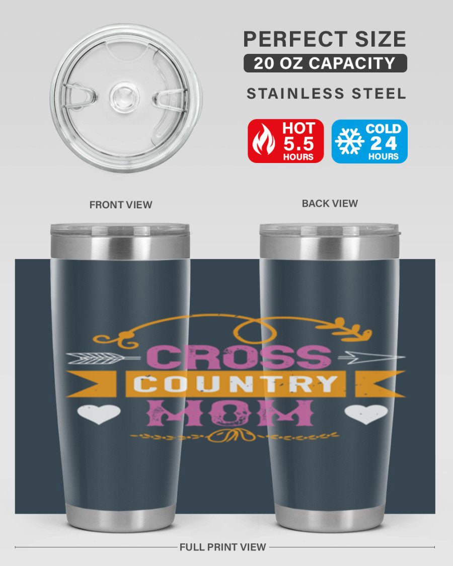 Cross Country Mom 20oz Tumbler in stainless steel with a drink-thru lid, showcasing its sleek design and vibrant print.