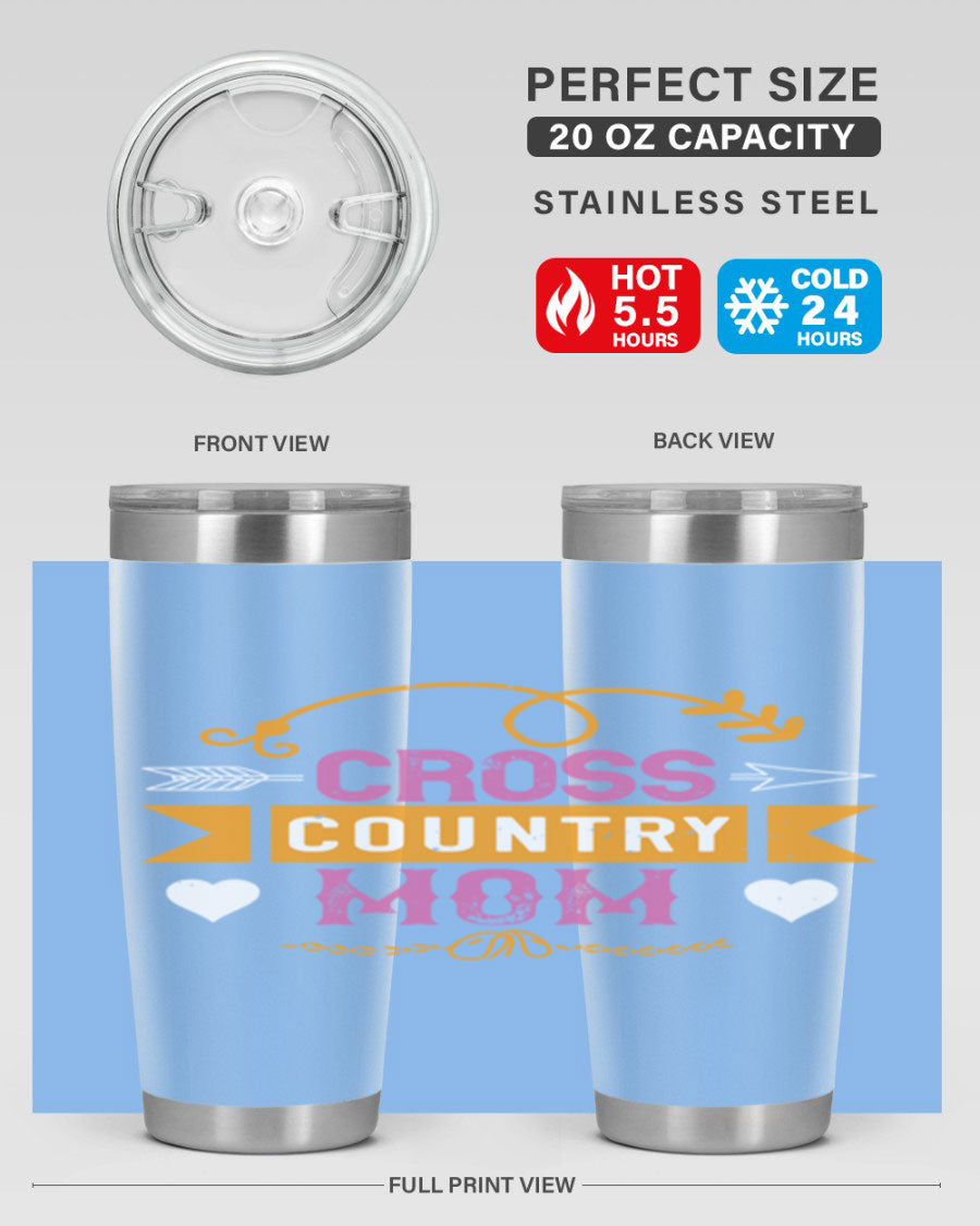 Cross Country Mom 20oz Tumbler in stainless steel with a drink-thru lid, showcasing its sleek design and vibrant print.