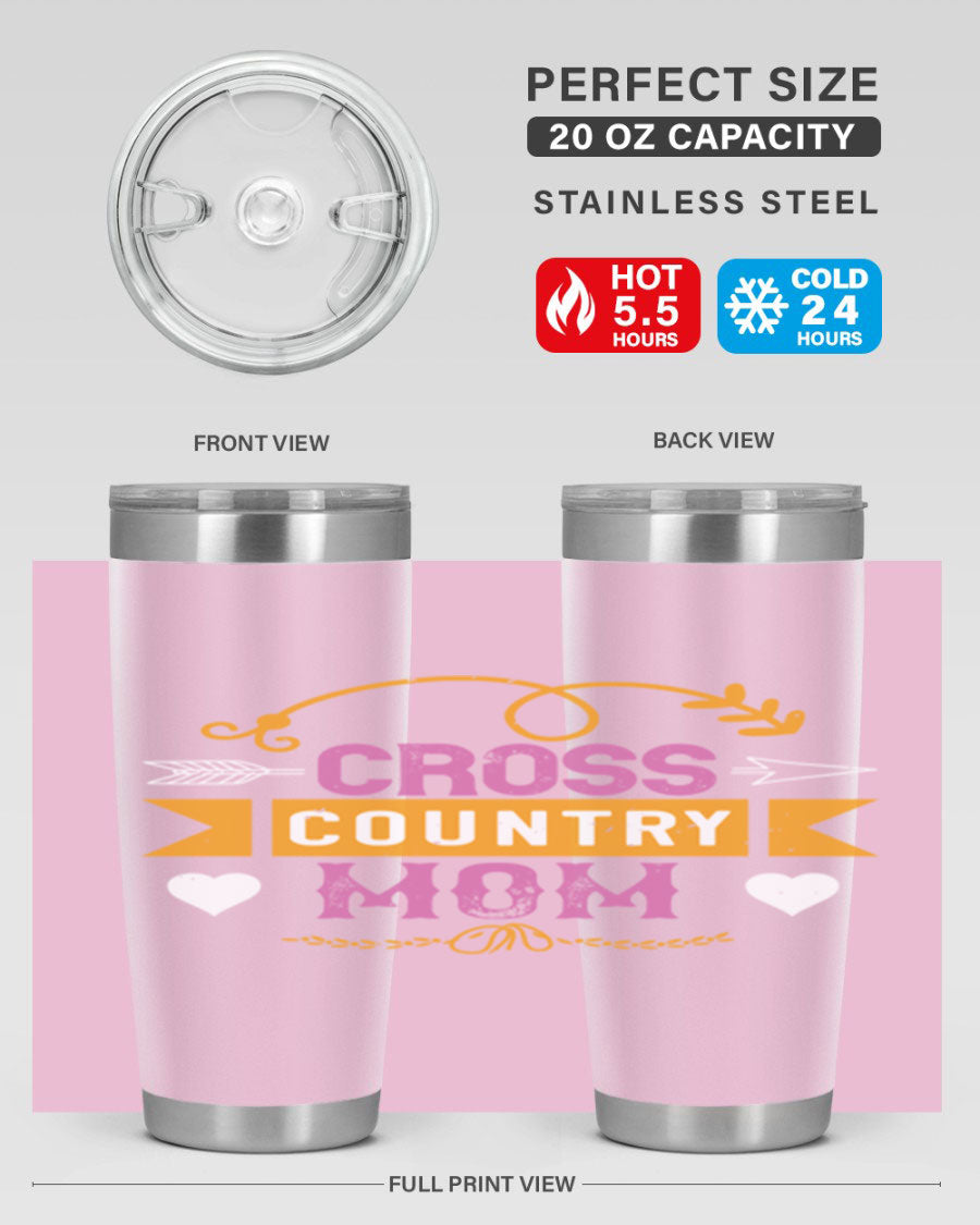Cross Country Mom 20oz Tumbler in stainless steel with a drink-thru lid, showcasing its sleek design and vibrant print.