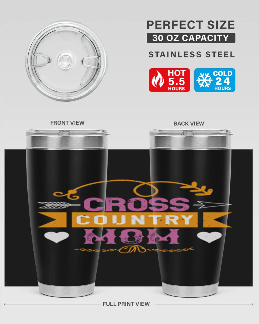 Cross Country Mom 20oz Tumbler in stainless steel with a drink-thru lid, showcasing its sleek design and vibrant print.