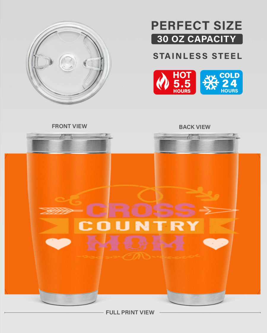Cross Country Mom 20oz Tumbler in stainless steel with a drink-thru lid, showcasing its sleek design and vibrant print.