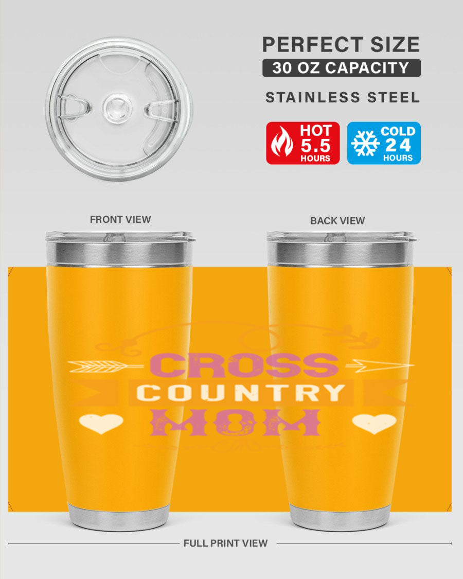 Cross Country Mom 20oz Tumbler in stainless steel with a drink-thru lid, showcasing its sleek design and vibrant print.