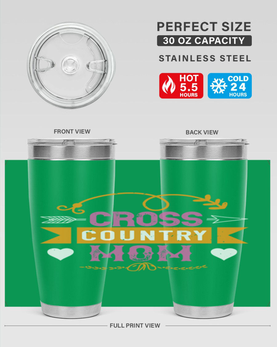 Cross Country Mom 20oz Tumbler in stainless steel with a drink-thru lid, showcasing its sleek design and vibrant print.