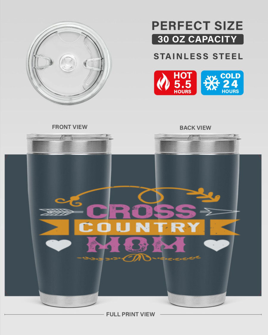 Cross Country Mom 20oz Tumbler in stainless steel with a drink-thru lid, showcasing its sleek design and vibrant print.