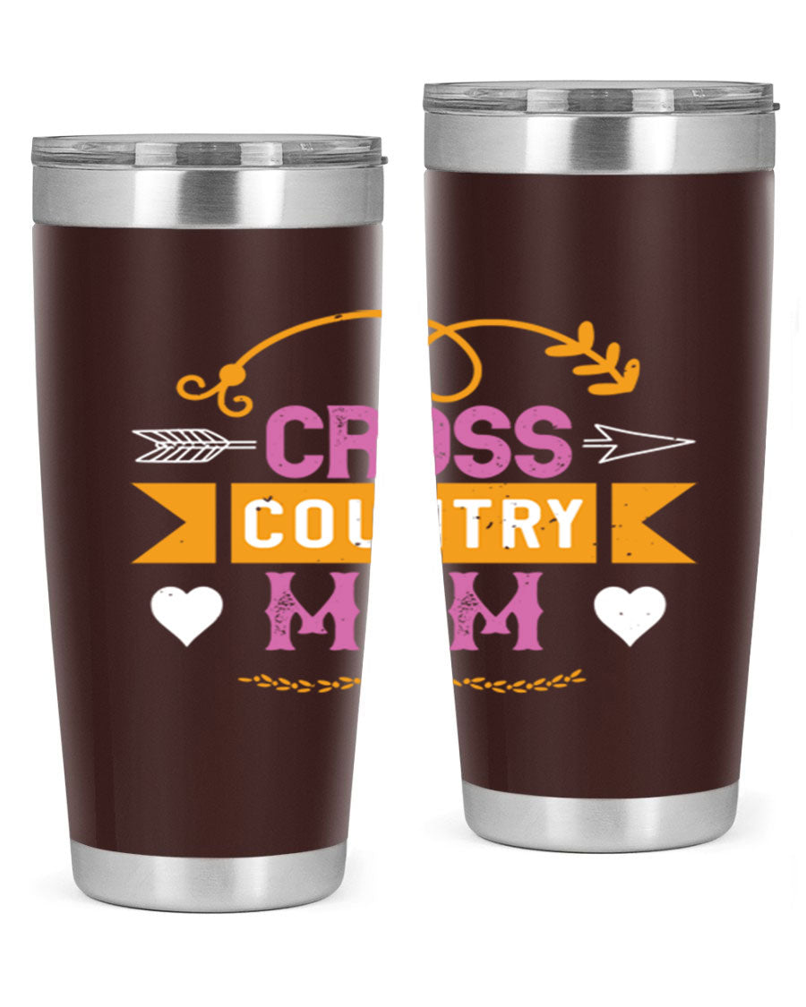 Cross Country Mom 20oz Tumbler in stainless steel with a drink-thru lid, showcasing its sleek design and vibrant print.