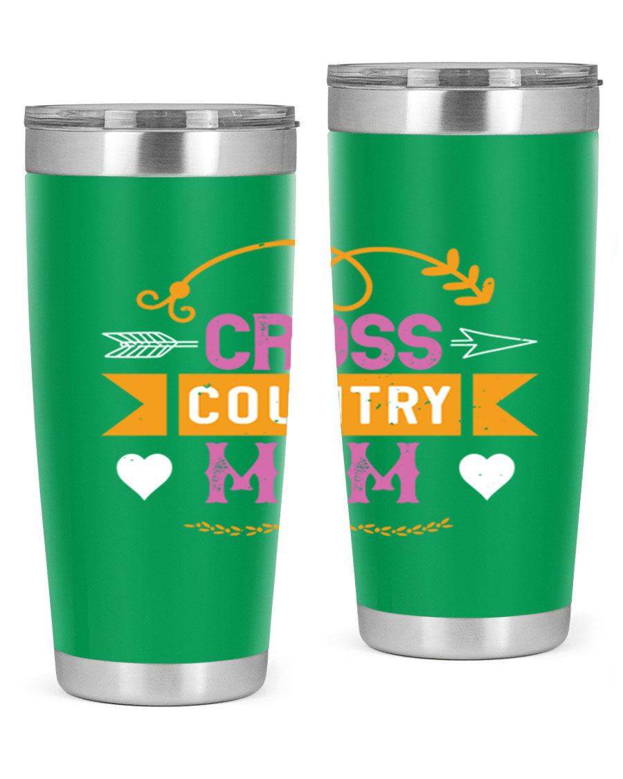Cross Country Mom 20oz Tumbler in stainless steel with a drink-thru lid, showcasing its sleek design and vibrant print.