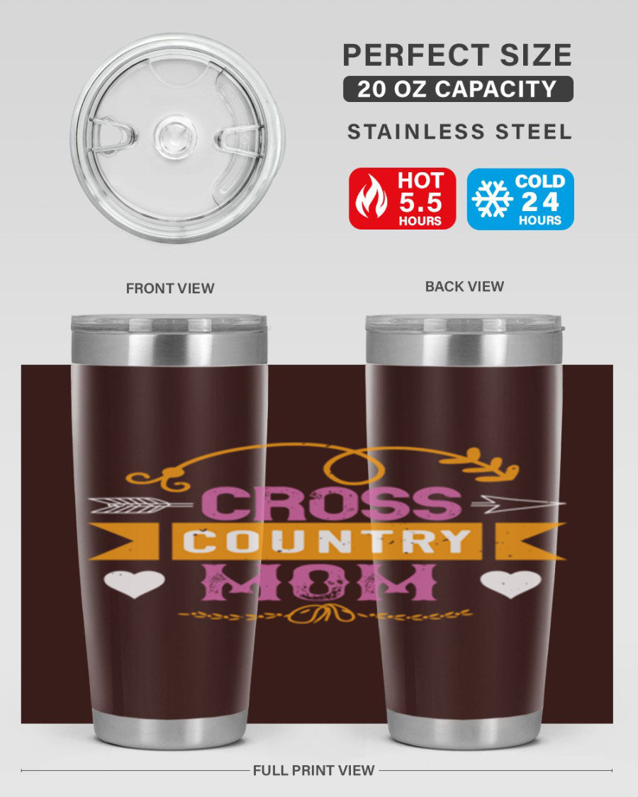 Cross Country Mom 20oz Tumbler in stainless steel with a drink-thru lid, showcasing its sleek design and vibrant print.